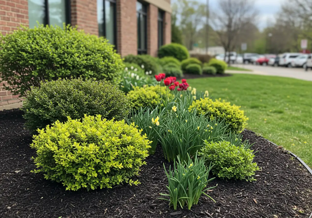 A visually appealing shot of a healthy, thriving commercial landscape bed in late spring. Features a mix of healthy shrubs, vibrant perennials, possibly some early blooming flowers, all looking lush and well-cared-for against a backdrop of neat mulch and potentially healthy green turf. Represents the positive outcome of proactive care.