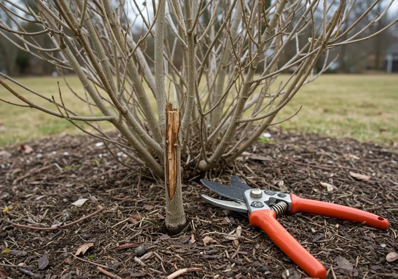 A clear, focused image illustrating the base of a mature dogwood shrub prepared for selective renewal pruning. Showcase a mix of stem ages: several thick, older, dull-coloured stems clearly identifiable, alongside numerous younger, vibrant, colourful stems. One specific older, thick stem should appear distinct, as if visually targeted for removal, perhaps slightly separated from the others. Clean bypass pruners or loppers could be resting on the ground near the base, but NOT held by hands or actively cutting.