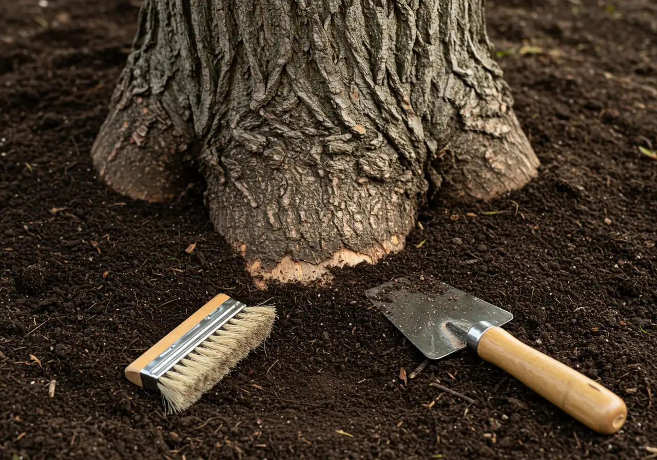 A ground-level close-up photograph beside the base of a mature tree trunk. A clean metal hand trowel and a natural bristle brush lie on the dark, slightly damp soil. Next to the tools, a small area of soil has been carefully scraped away horizontally from the tree base, revealing the bark extending slightly further down. The image focuses on the tools and the action area without showing any hands.
