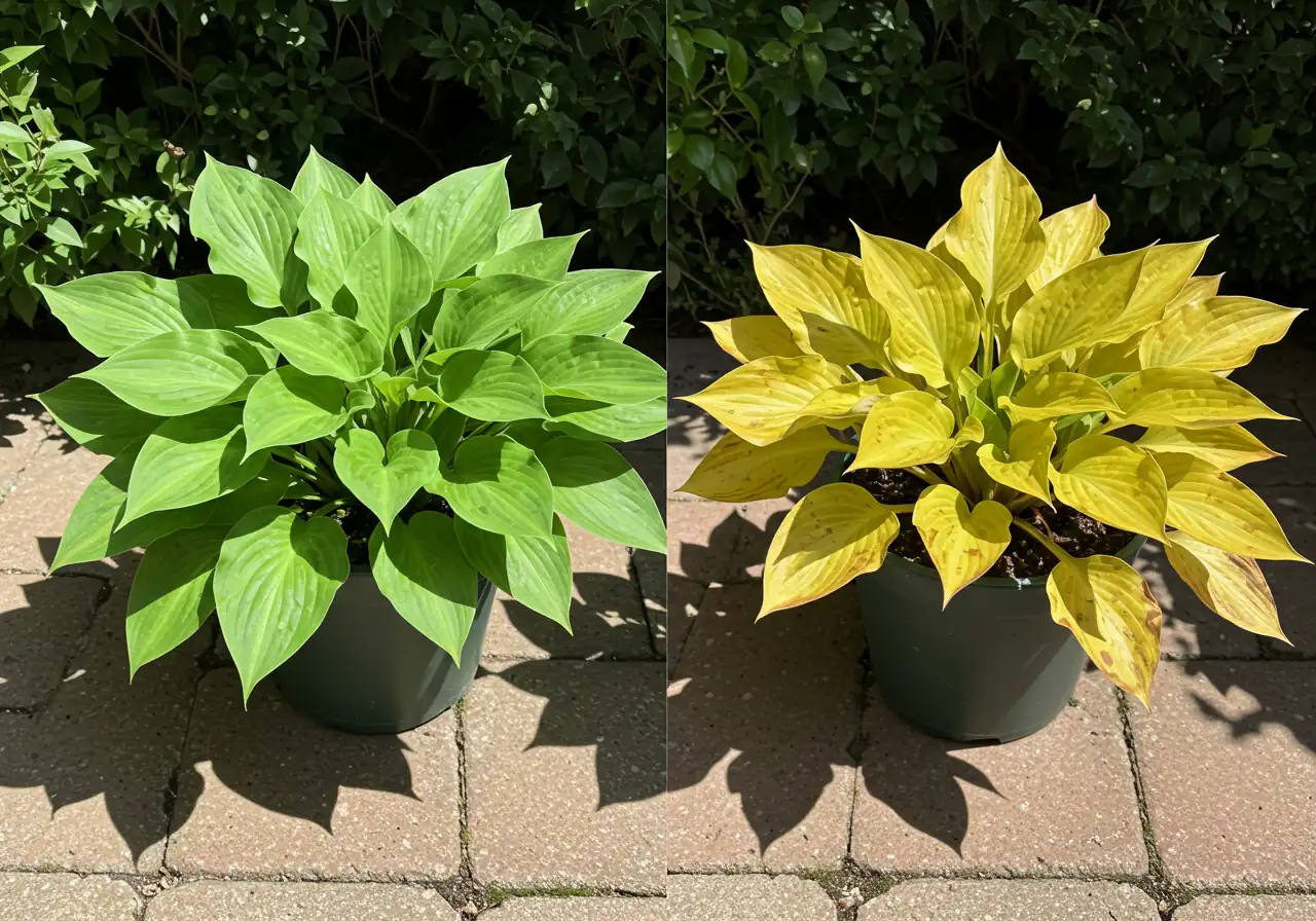 A close-up, side-by-side comparison of two identical potted Hosta plants. The Hosta on the left is in dappled shade, looking vibrant, green, and healthy. The Hosta on the right is placed in full, harsh sun next to hot paving stones, appearing wilted with slightly yellowed and scorched leaf edges, demonstrating heat stress.