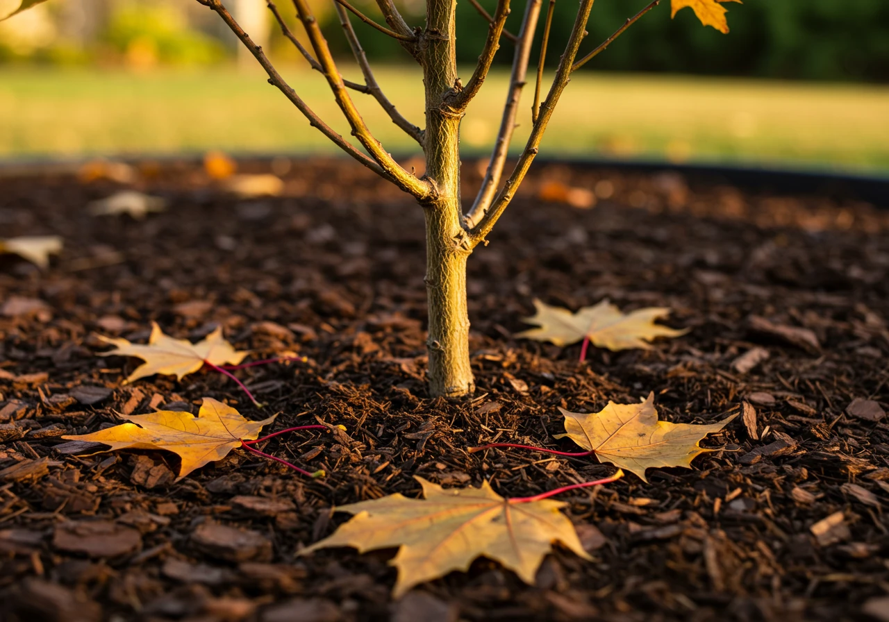 A close-up photograph focusing on the base of a newly planted small shrub or perennial in a garden bed. The plant base is properly surrounded by a fresh, even layer (2-3 inches) of dark brown shredded bark mulch. A few colourful fallen autumn leaves (e.g., maple leaves) are scattered naturally on top of the mulch, indicating the season. Soft, warm autumn lighting.