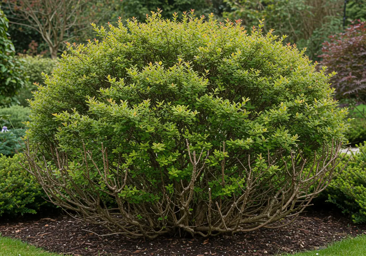 A mature deciduous shrub with full top growth but sparse, twiggy lower branches, illustrating 'bare legs' needing renovation.