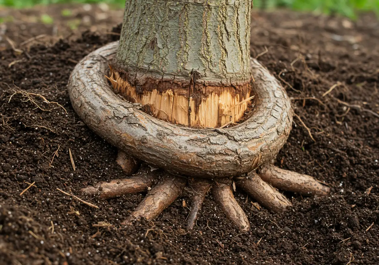 A clear, close-up photograph showing the base of a tree trunk where a thick, woody root is visibly growing horizontally around the trunk, pressing into the bark and causing constriction. The soil is slightly pulled back to reveal the root-trunk interface clearly.