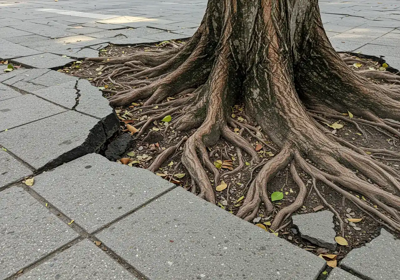 A clear, detailed photograph showing the destructive power of tree roots. Focus on thick, established tree roots visibly cracking and lifting sections of a concrete sidewalk. The concrete should appear uneven and damaged directly where the roots are pushing upwards from beneath. Shot during daytime with clear lighting, emphasizing the texture of the roots and the fractured concrete.