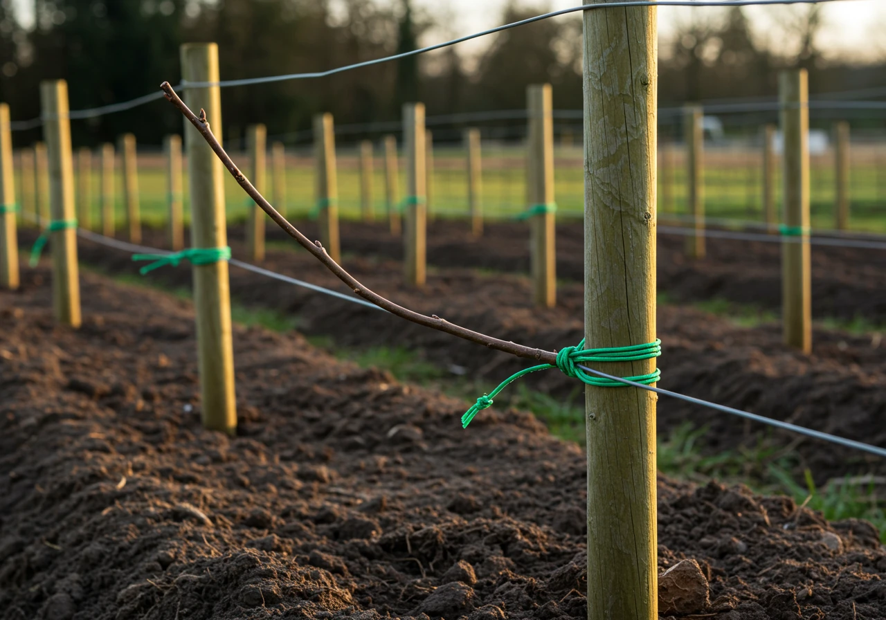 A photograph illustrating Step 3 and 4: the initial setup and early training phase. Show several young, thin trees (whips) recently planted in a row, spaced appropriately. A sturdy support framework of wooden posts and taut horizontal wires or bamboo canes is clearly visible, positioned at the height where the pleaching will begin. One or two flexible young branches are loosely tied to the lowest wire with soft garden twine.