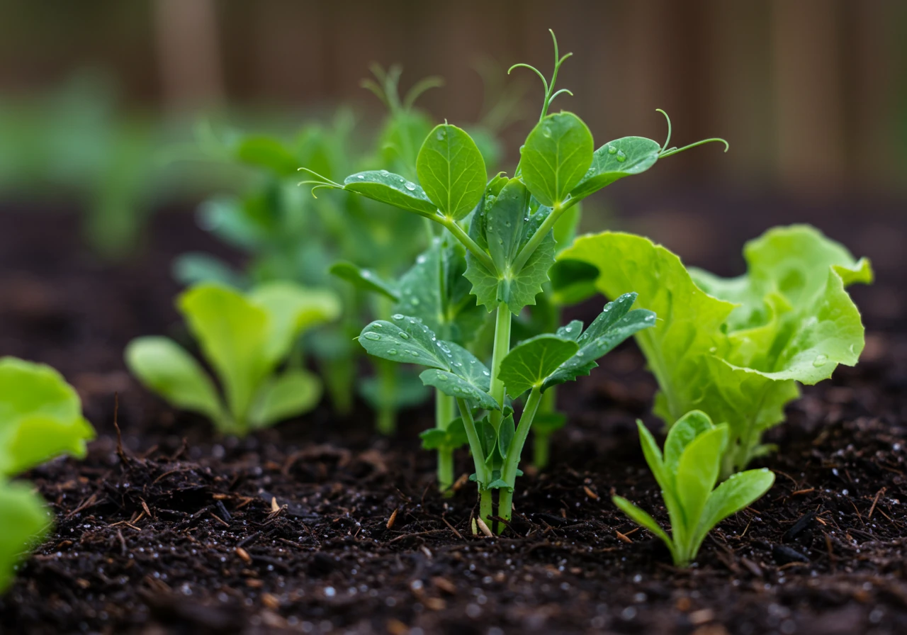 A vibrant image showcasing healthy, young cool-season vegetable seedlings, such as pea shoots or small lettuce plants, thriving in a garden bed. The soil around them looks moist and cool but suitable for growth. Delicate morning dew might be visible on the leaves. The overall impression should be one of sturdy plants well-suited to early spring conditions.
