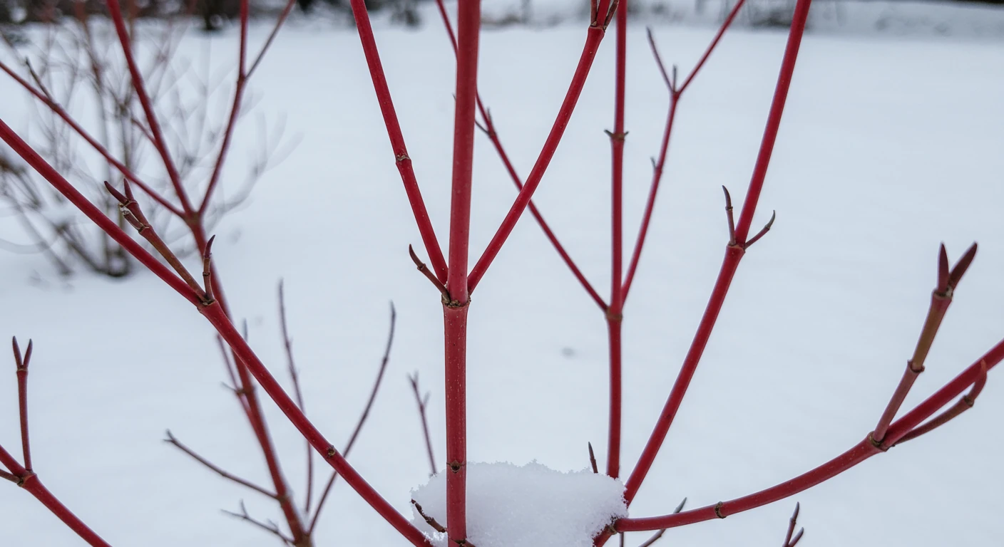 A striking winter landscape photograph focusing on a cluster of vibrant red twig dogwood stems ('Cornus sericea' type) emerging sharply from a pristine blanket of fresh, white snow. The background should be slightly blurred, perhaps suggesting distant bare trees or a simple fence line under snow, ensuring the bright red stems are the undeniable focal point. The lighting should evoke a crisp, clear winter day, making the stems appear to glow.