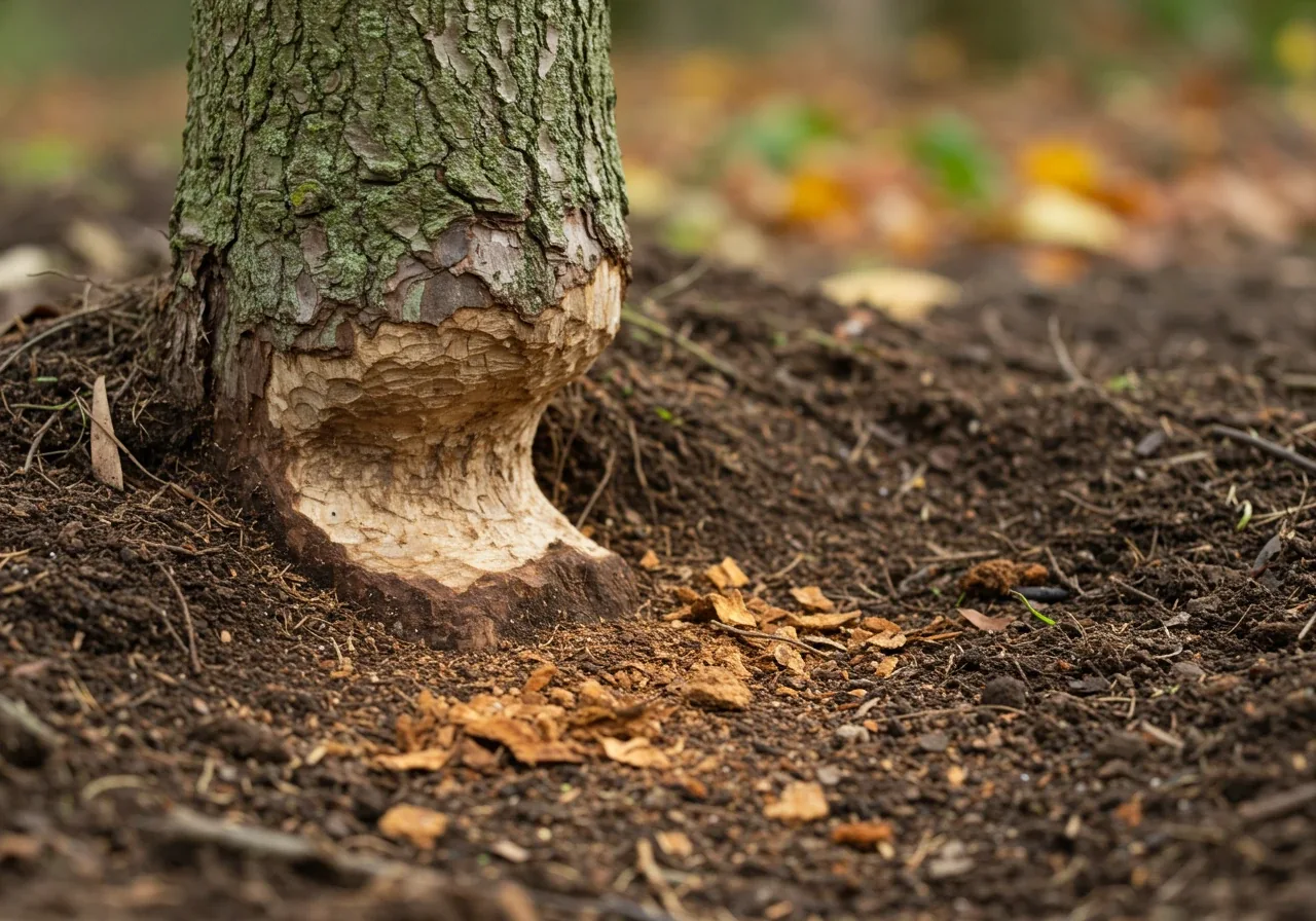 A realistic image showing the base of a young deciduous tree trunk where the bark has been visibly gnawed away near the soil line by voles. Include a small, silver-dollar sized vole tunnel entrance hole visible in the soil/mulch nearby. The surrounding ground might have sparse dormant grass or a light layer of fall leaves. Focus on the damage and the hole.