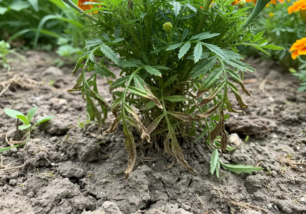 A close-up shot focusing on a single flowering plant (e.g., a marigold or petunia) in a garden bed clearly suffering from underwatering. The plant's leaves are wilted and drooping, some lower leaves may show browning or crisping at the edges. The soil around the base of the plant is visibly dry, light in color, and potentially pulling away slightly from the plant stem.