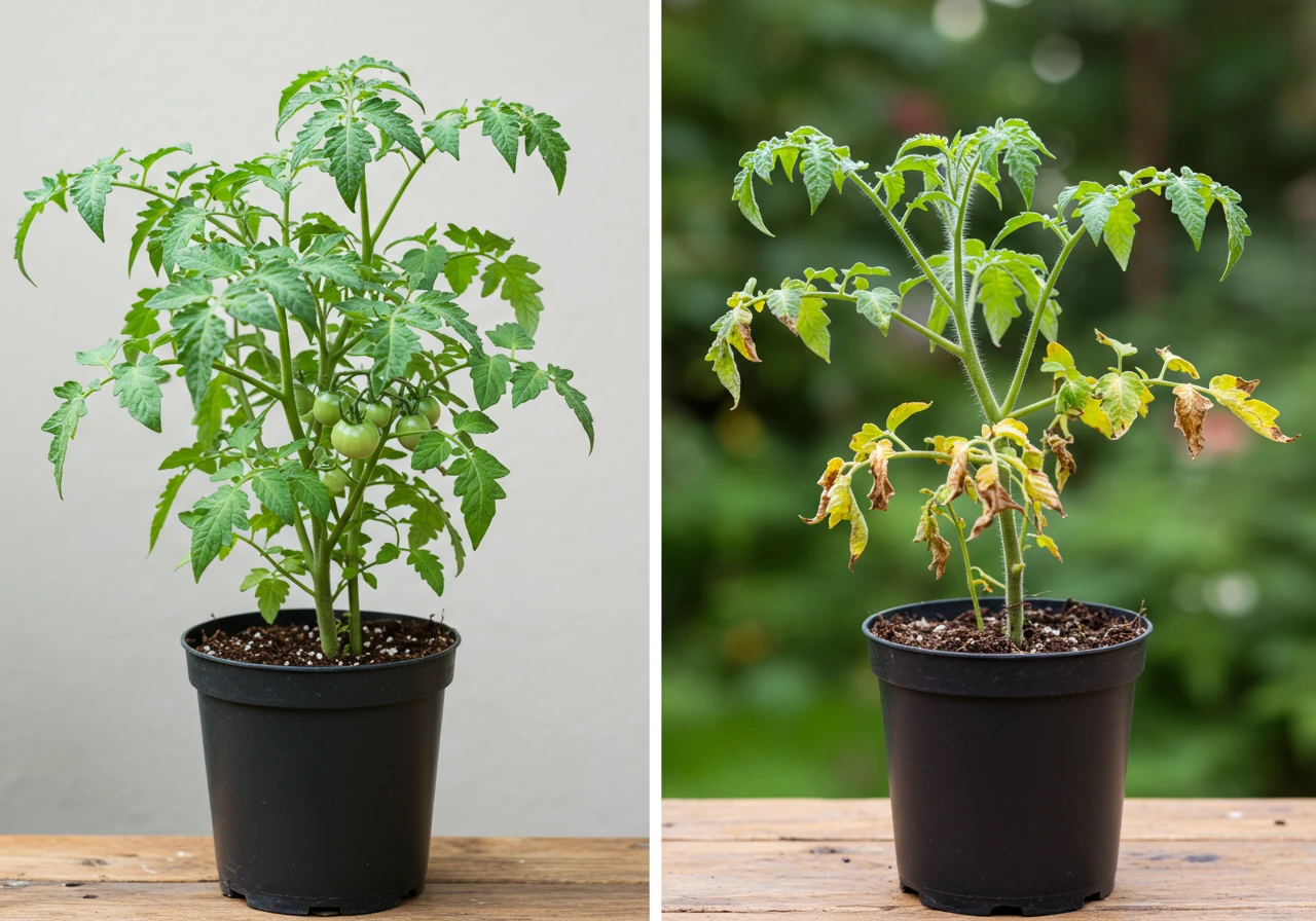 A clear visual comparison between two potted tomato plants of the same age. One plant is healthy, lush, and beginning to fruit, showcasing vibrant green leaves and sturdy stems. The adjacent plant is clearly stunted, significantly smaller overall, with sparse, possibly yellowish leaves, thin stems, and no signs of flowers or fruit. The background is neutral and blurred to focus attention on the plants.