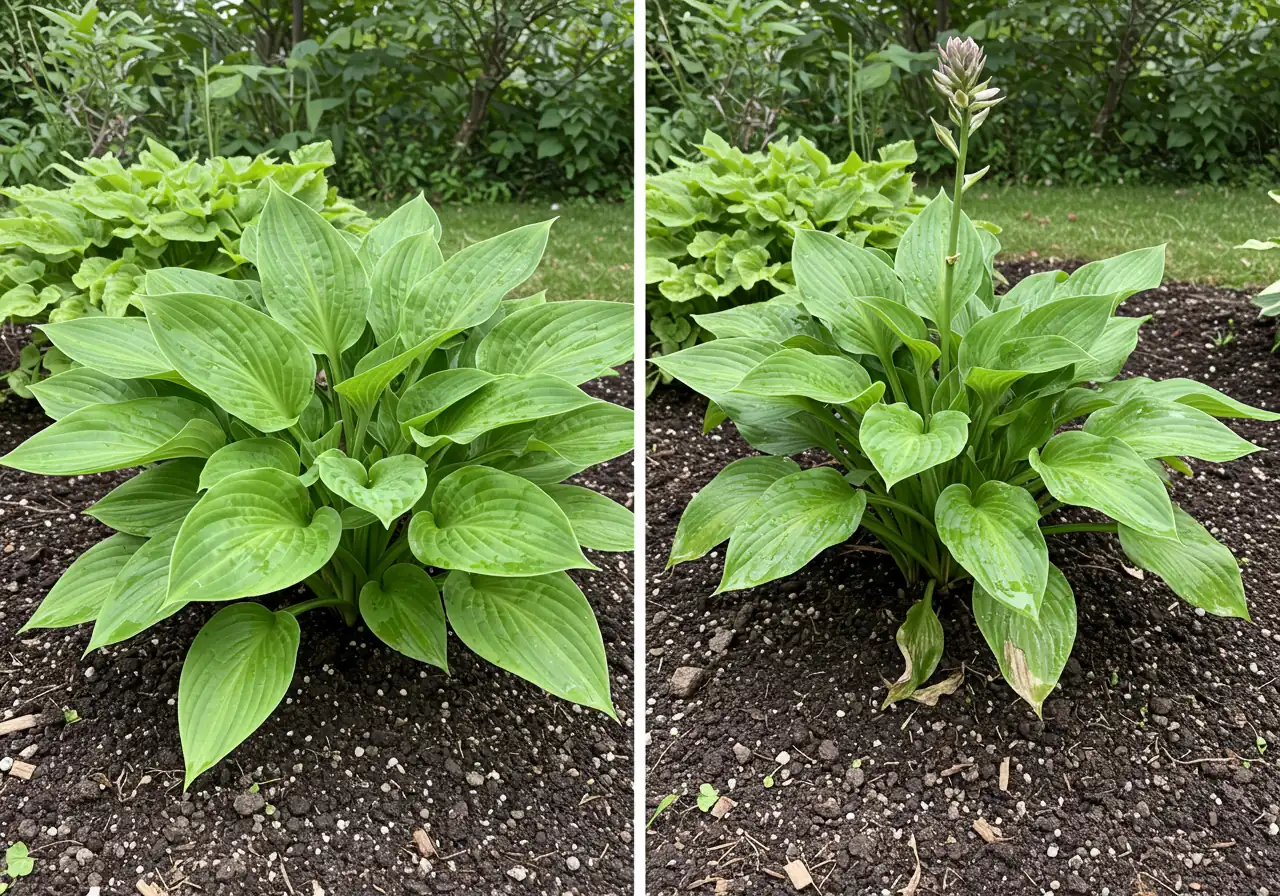 A side-by-side comparison image. On the left, a vibrant, healthy perennial plant (like a hosta or daylily) stands upright with rich green leaves. On the right, the exact same type of plant shows significant wilting, with leaves drooping heavily towards the ground, appearing thirsty and stressed despite the surrounding soil looking adequately moist. The focus is on the contrast in plant posture indicating distress.