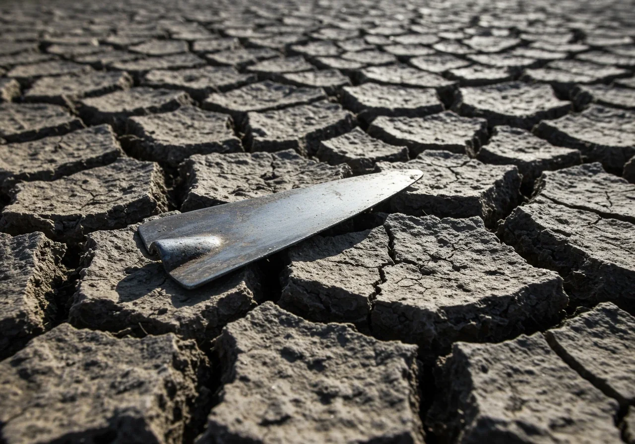 An extreme close-up, low-angle photograph focusing on the texture of severely compacted, dry, cracked soil. The ground looks rock-hard. A standard garden trowel might be shown lying flat on the surface, visually indicating the difficulty of digging into the soil. The focus is entirely on the impenetrable appearance of the compacted earth.