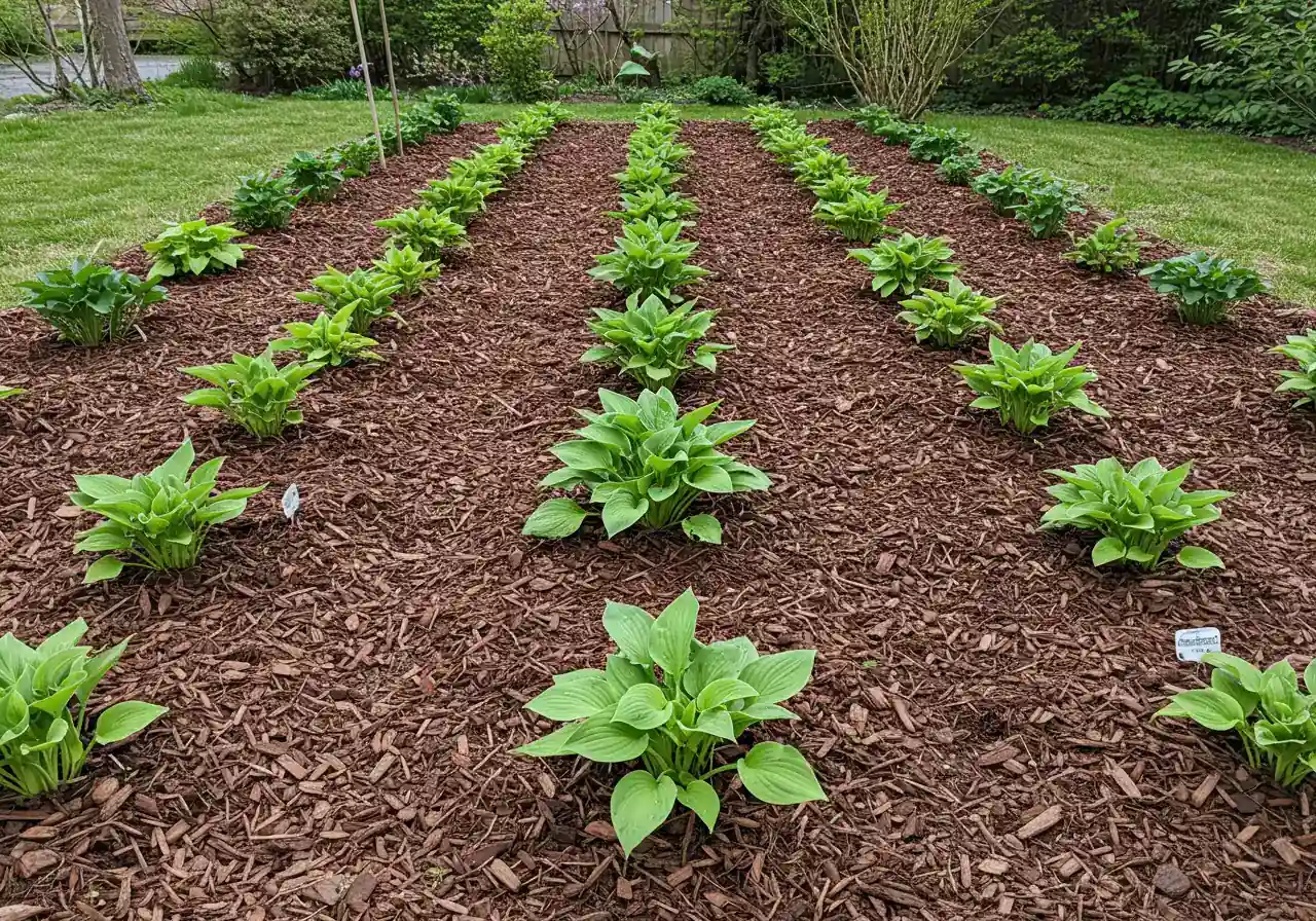 An eye-level view of a newly planted garden bed featuring several small perennial plants (like young hostas or coral bells) spaced widely apart. Dark brown mulch covers the soil between the plants, emphasizing the significant empty space deliberately left around each plant to allow for mature growth and air circulation. The plants look healthy but small, highlighting the concept of planting for future size.