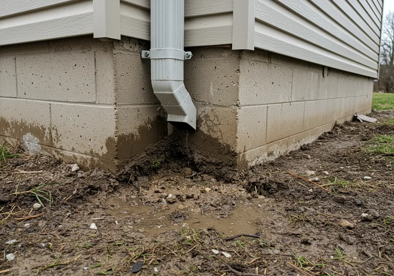 A clear photograph illustrating a common drainage issue. It shows a house corner foundation where a downspout terminates too close to the wall, potentially depositing water directly against the foundation. The ground beneath the downspout might look damp or slightly eroded, highlighting the potential problem emphasized in the text. No significant water pooling, just the improper setup.