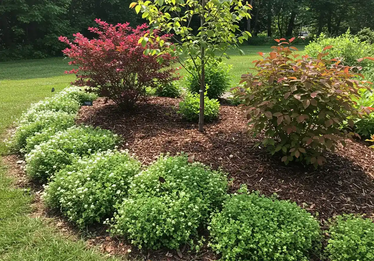 A visually clear example of layered planting in a garden bed designed for wildlife. Showcases distinct levels: low native groundcover like wild ginger or foamflower at the front, mid-height native flowering perennials or small shrubs like dogwood or meadowsweet behind it, and the base of a small native tree like a serviceberry providing the upper layer towards the back. The planting should look healthy, well-maintained but naturalistic, perhaps with some mulch visible.