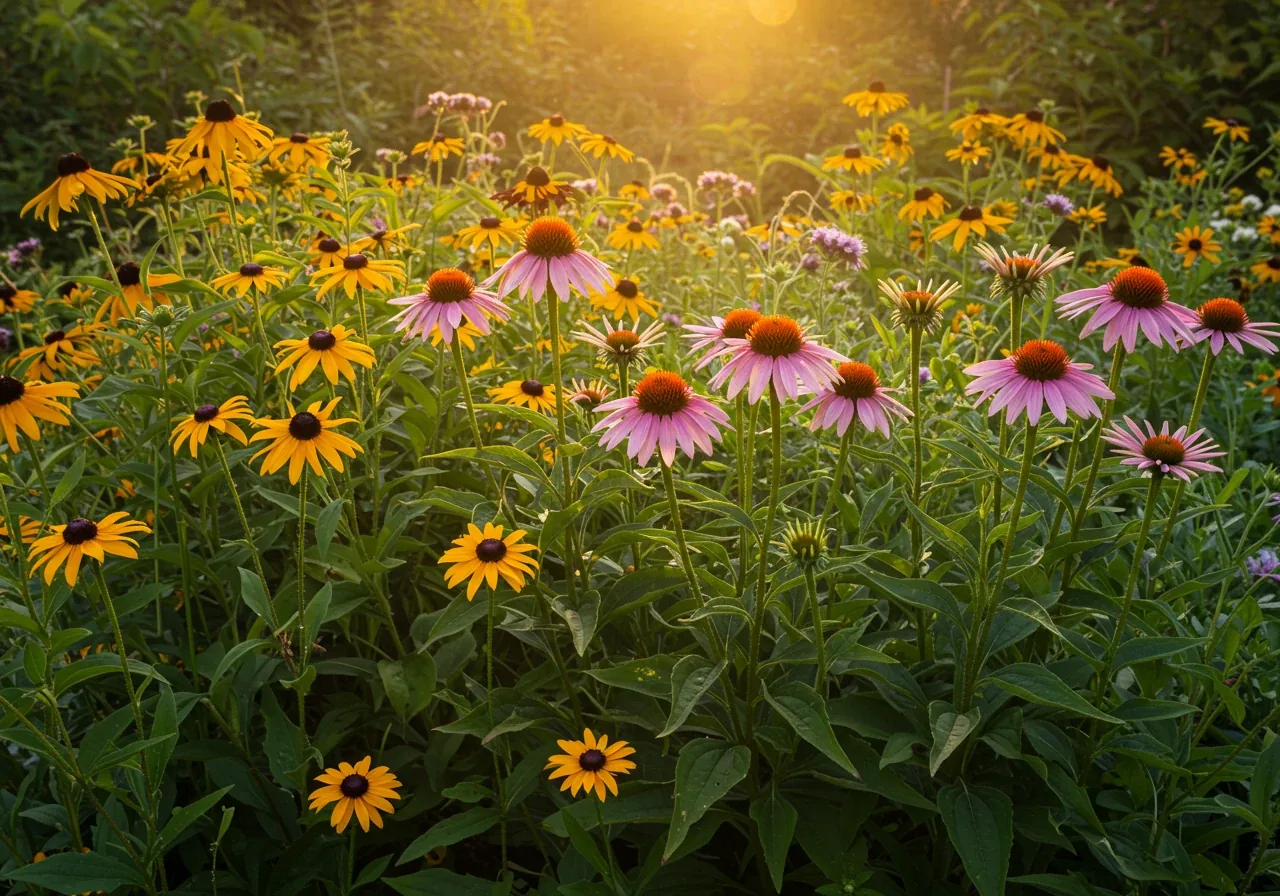 A vibrant, natural-looking cluster of native Ontario perennial plants in bloom or with prominent foliage. Could feature Purple Coneflowers (Echinacea purpurea) and Black-Eyed Susans (Rudbeckia hirta) together in a sunny garden setting, showcasing their suitability and beauty.