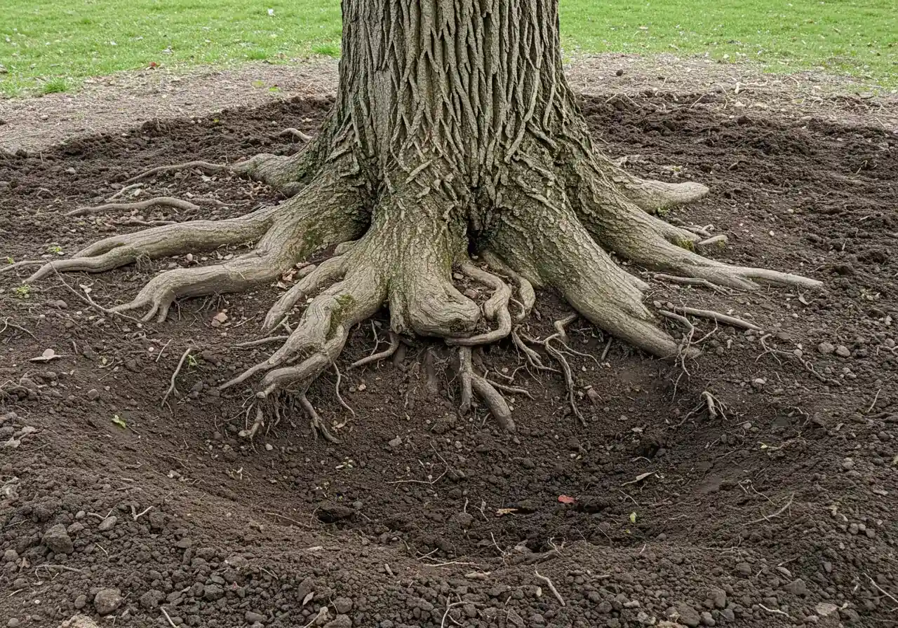 A clear, ground-level photograph showing the base of a healthy, mature oak tree after successful root flare exposure. The distinct woody flare where the trunk widens is fully visible above the soil line. The tops of the main structural roots are just visible radiating outwards at the surface. A ring of bare, dark soil forms a shallow, gentle slope away from the exposed flare.