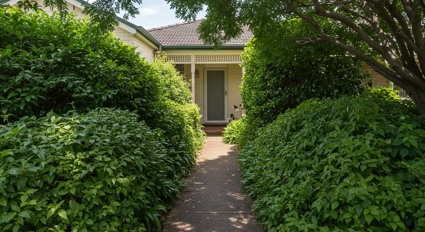 A photograph capturing the front walkway and entrance of a typical suburban home, significantly obscured by large, leafy, somewhat unkempt green shrubs. The shrubs should look dense and encroaching onto the pathway, illustrating the 'shrub overload' concept. Shot during daytime with dappled sunlight filtering through the leaves, conveying a summer feel.