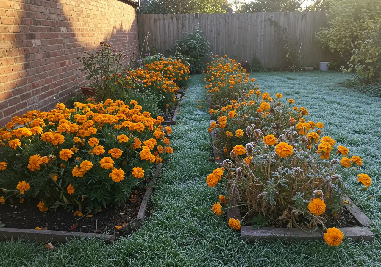 A realistic photograph showing a noticeable difference within a single backyard scene in early fall. On one side, near a sunlit south-facing brick wall, vibrant late-season flowers (like marigolds or mums) are thriving. On the other side, in a shaded, slightly lower-lying corner, similar plants look wilted and touched by early frost, with visible frost crystals glistening on their leaves and the surrounding grass. The overall lighting should suggest early morning cool air.