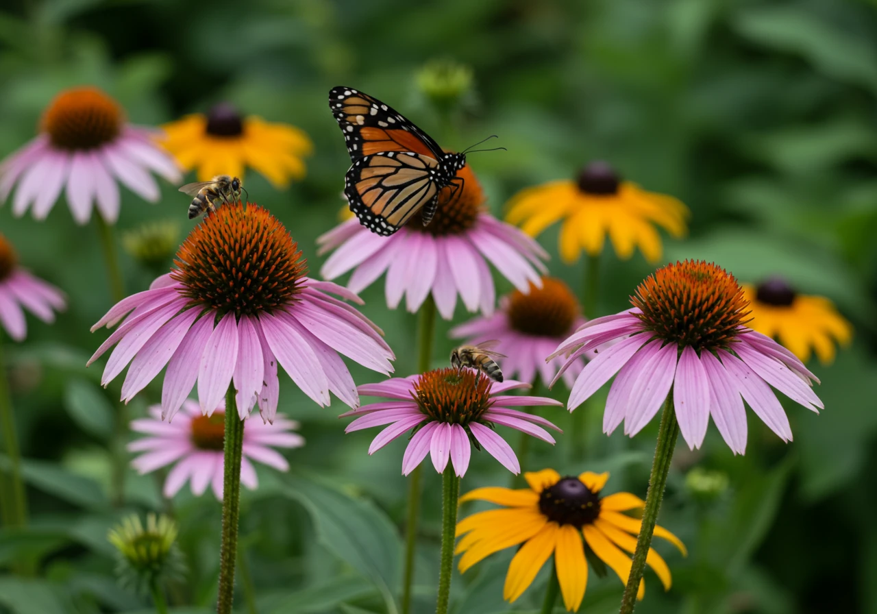 A vibrant photograph showcasing native Ontario wildflowers, such as Purple Coneflower (Echinacea purpurea) or Black-Eyed Susans (Rudbeckia hirta), thriving in a garden setting. Several bees and possibly a butterfly are actively visiting the flowers, highlighting the benefit to local pollinators.
