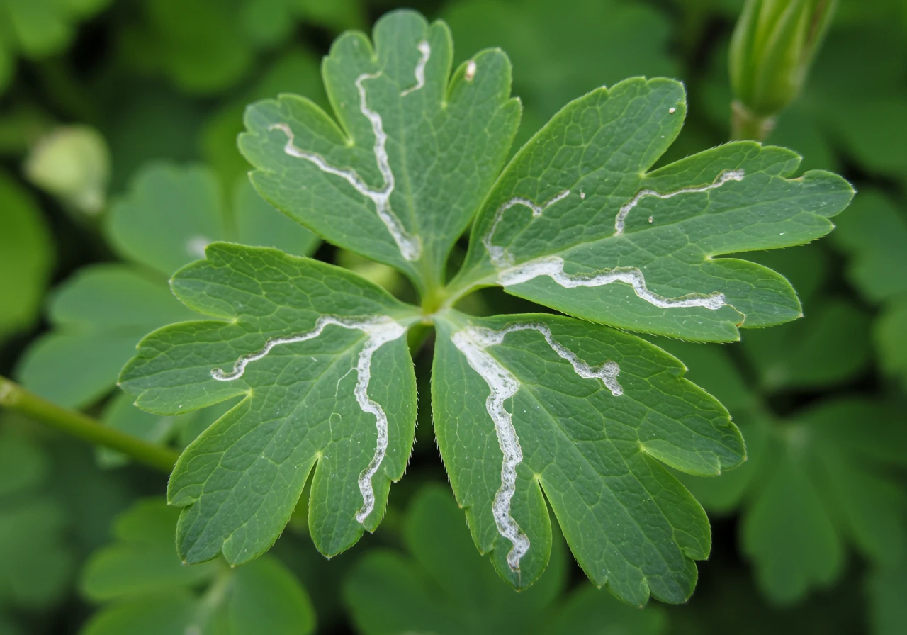 An image focusing on a Columbine (Aquilegia) plant leaf heavily affected by leaf miner damage. Multiple twisting, white or yellowish trails should be visible across the distinctively shaped leaf, illustrating why this plant is often mentioned as highly susceptible. The background should be a simple garden setting.