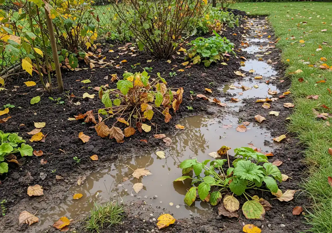 A photograph focusing on a specific area within a garden bed after an autumn rain. Small puddles of water are clearly visible lingering on the soil surface around the base of garden plants, indicating poor drainage. The surrounding plants might look slightly stressed or yellowish near the waterlogged area. The background shows typical fall foliage, maybe slightly damp or glistening.