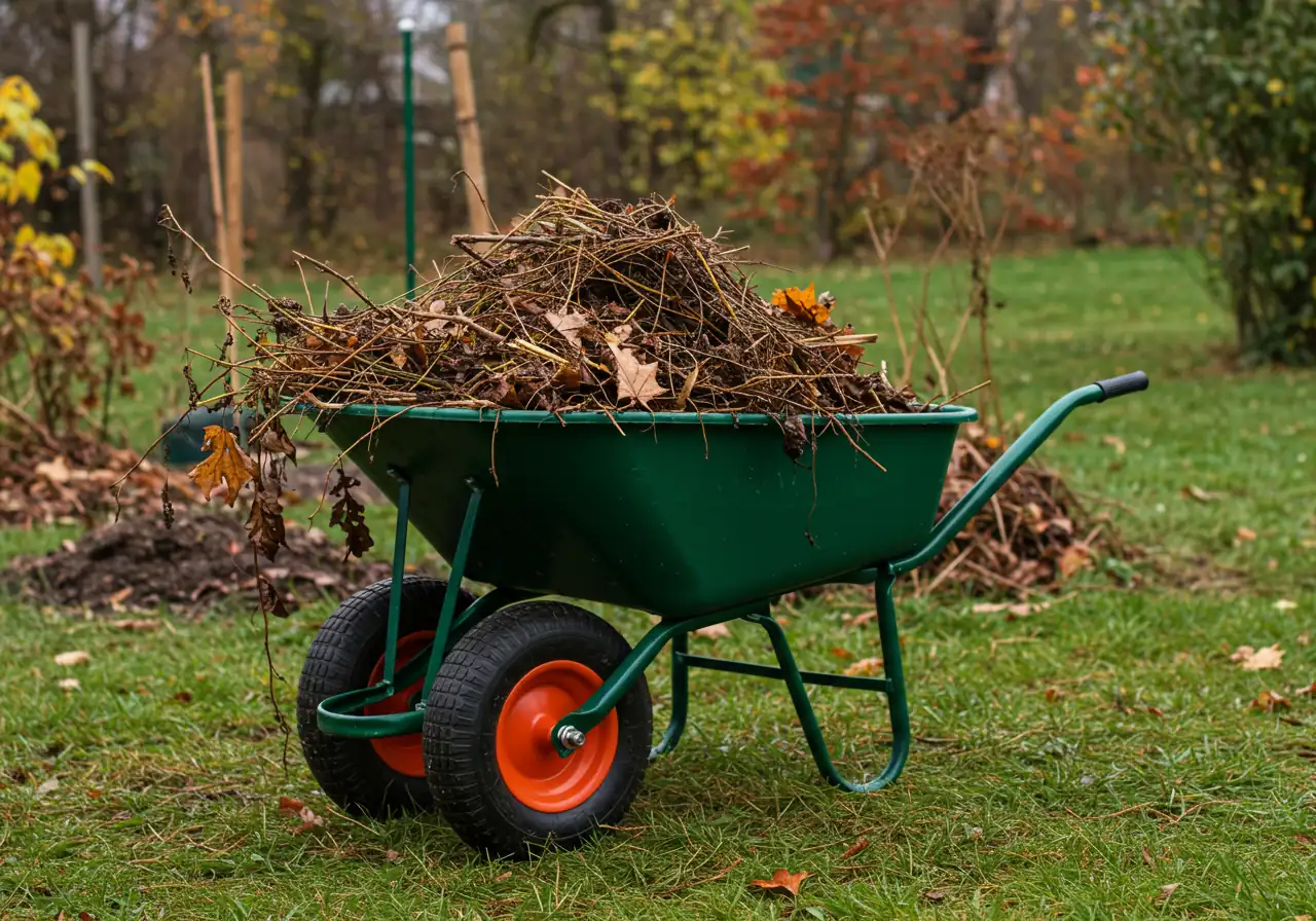 Visual representation of the 'debris be gone' concept. Show a wheelbarrow or large garden bucket partially filled with raked fall leaves, dead annual plant stems, and spent flower heads. Position it on a lawn next to a tidier-looking garden bed.