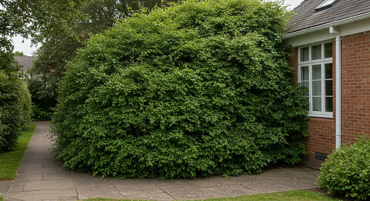 A visually compelling image showing a large, healthy green shrub growing too close to a house foundation or walkway, illustrating the problem of shrubs outgrowing their space in a typical suburban setting.