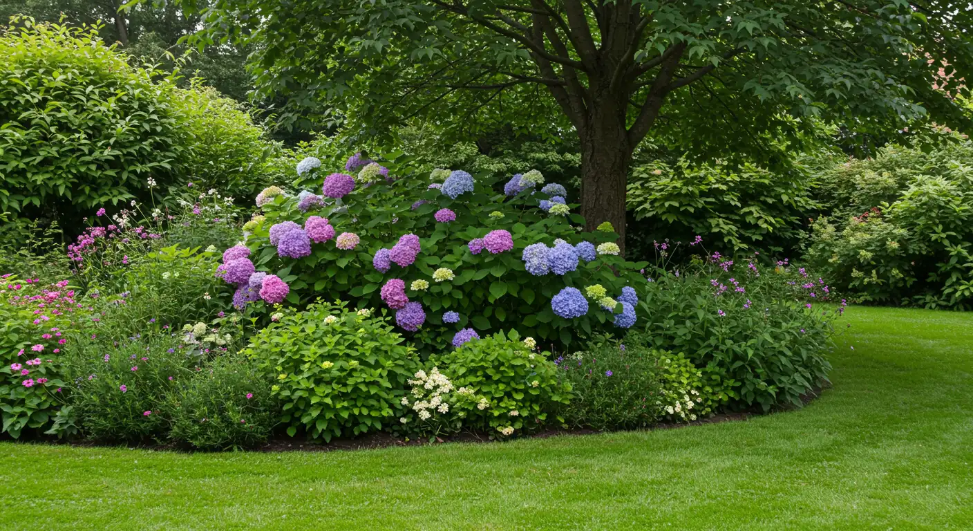A vibrant, established garden bed in full summer bloom, featuring mature flowering shrubs like hydrangeas and healthy perennials, bordering a well-maintained lawn under the shade of a large, leafy deciduous tree. The lighting suggests a bright, sunny mid-morning.