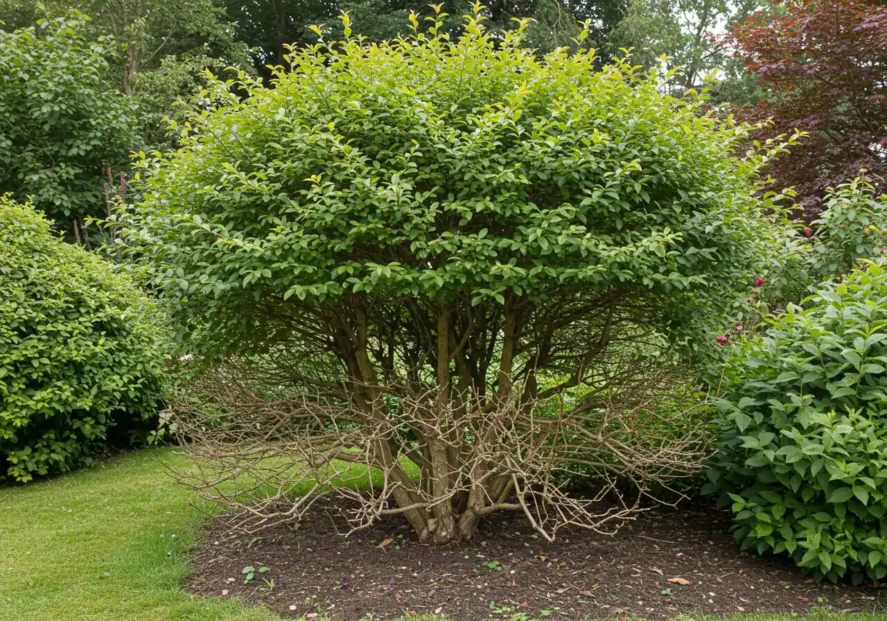 A medium-to-large deciduous shrub exhibiting 'bare knees syndrome' - dense foliage at the top but sparse, leggy stems at the bottom, indicating a need for renovation pruning.