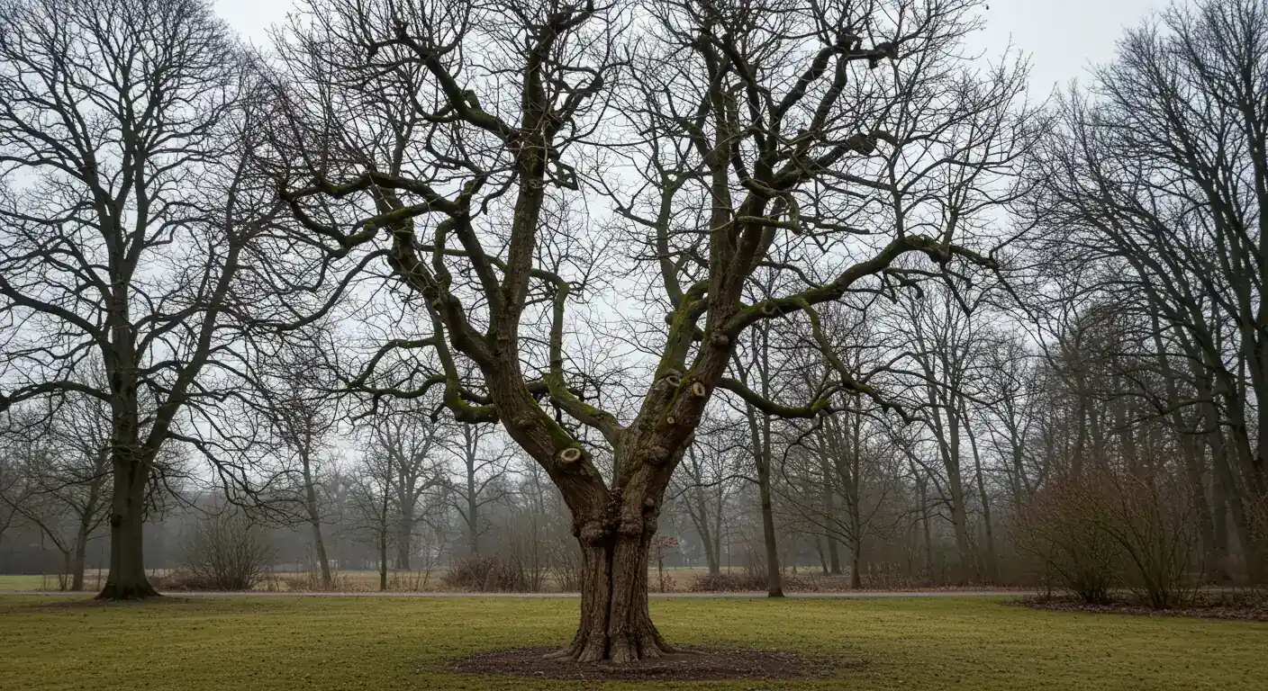 A clear photograph of a mature, dormant pollarded tree (like a Linden or London Plane) standing in a garden or urban setting during late winter. The image should distinctly show the characteristic swollen 'knuckles' at the ends of the main branches where repeated cuts have been made, highlighting the unique structural form created by pollarding without the obstruction of leaves.
