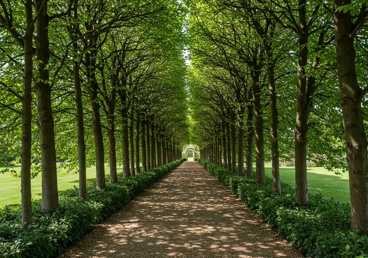 A clear photograph showcasing a mature, beautifully formed pleached hedge lining a garden path. The image should highlight the distinct 'hedge on stilts' effect: dense, interwoven leafy canopy formed high up, supported by clean, bare tree trunks below. The perspective should emphasize the architectural structure and the defined space created.