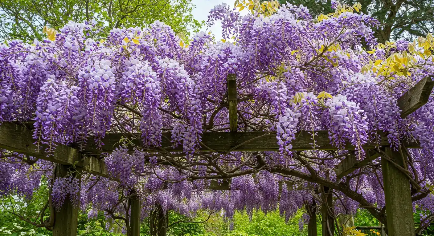 A stunning, aspirational image of a healthy Wisteria vine in full, glorious bloom. Showcases dense cascades of vibrant purple flowers dripping elegantly from a sturdy wooden pergola or trellis, representing the desired outcome for the reader.