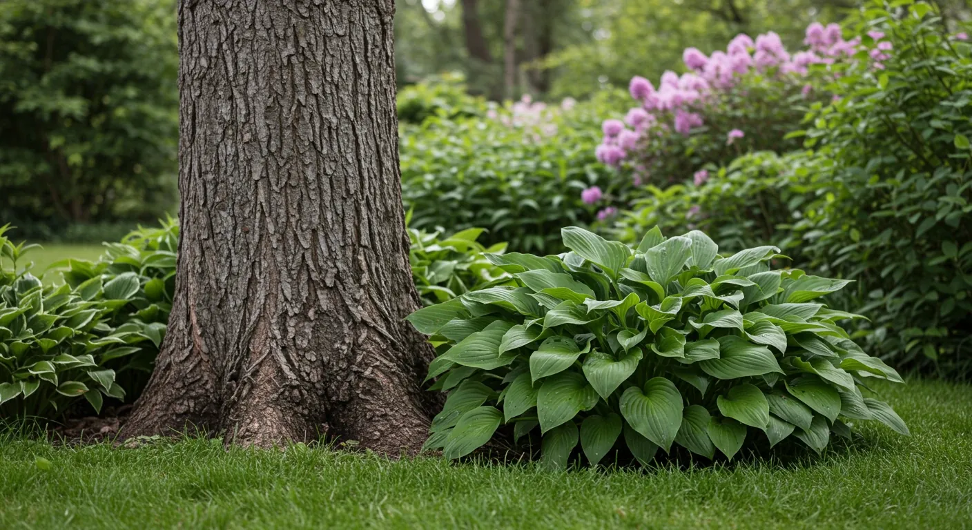A photograph capturing the essence of a beautiful, established Ottawa garden. Focus on a mix of mature textures – perhaps the gnarled bark of an older tree trunk, lush hostas with large leaves, and background flowering shrubs like hydrangeas or lilacs (not necessarily in bloom). Soft, natural light suggesting early morning or late afternoon. The image should convey depth, history, and health.