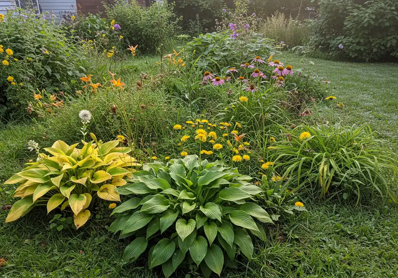 A realistic depiction of a slightly neglected garden bed in early fall. It should show a mix of healthy plants alongside some wilted perennials, maybe some spent flower heads, and visible weeds intermingling, conveying the 'oops' moment without looking completely derelict. Focus on typical Manotick/Ottawa area plants if possible (e.g., hostas, daylilies, coneflowers).