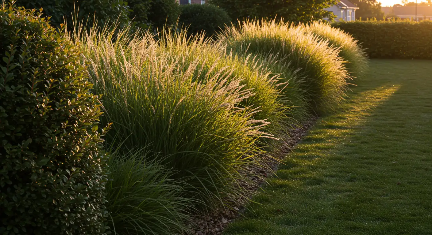 A visually appealing garden scene showcasing resilient plants like ornamental grasses and flexible shrubs gently swaying in a noticeable breeze. The image should convey movement and the beauty of a garden designed to handle wind, perhaps with late afternoon sun highlighting textures.
