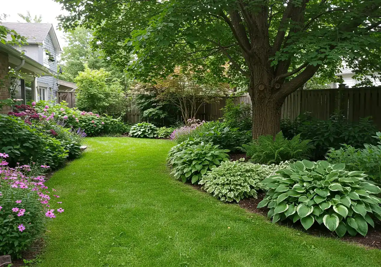 A photograph illustrating a distinct microclimate difference within a single residential backyard. One side shows a sun-drenched patch of lawn bordering a bright flower bed, while the other side, near the house foundation or under a large deciduous tree, is deeply shaded with moisture-loving plants like hostas or ferns thriving. The contrast between the bright, potentially drier area and the cool, shaded, damp area should be clear.