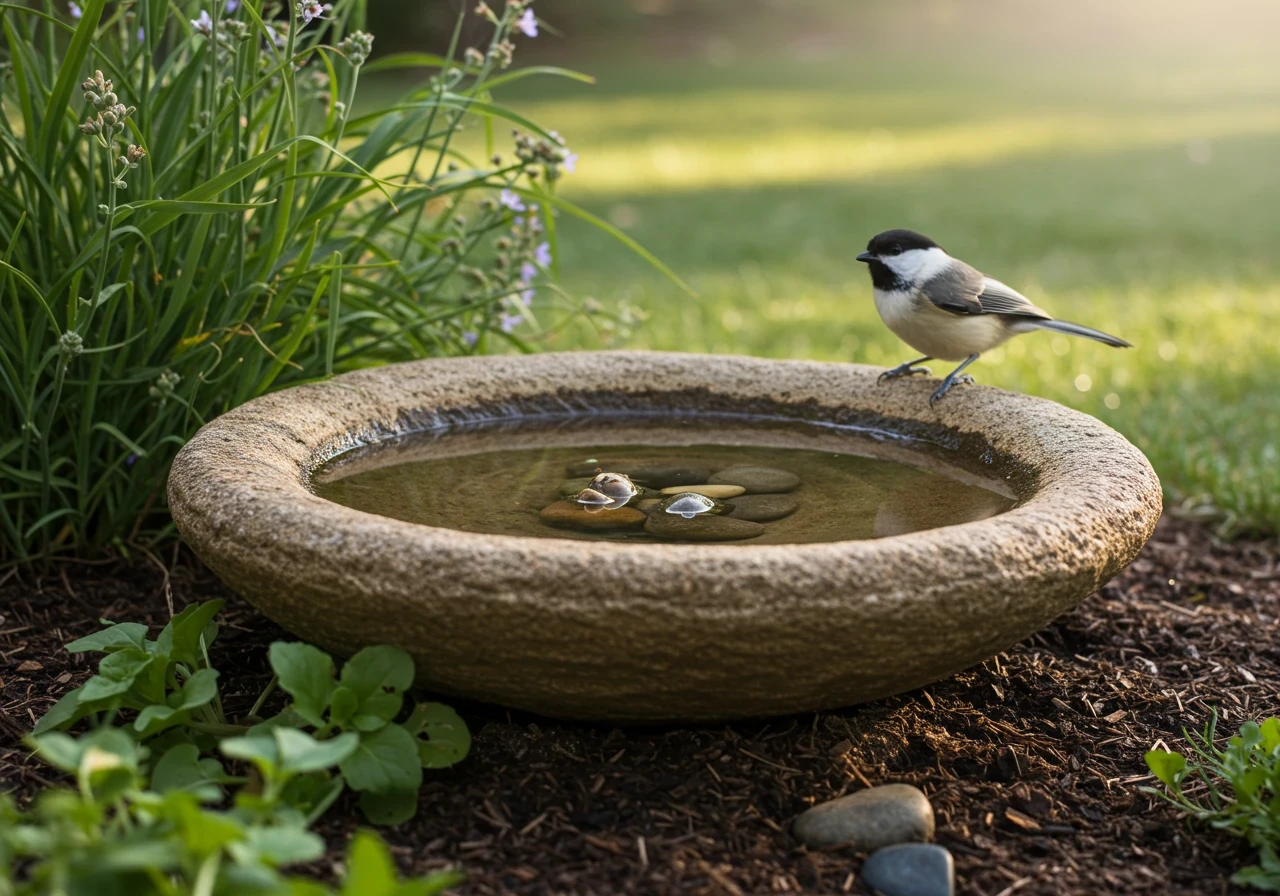 A simple, aesthetically pleasing wildlife water source integrated into a garden setting. Shows a shallow, natural stone bird bath filled with clean water, placed amongst native plants. Include small pebbles or rocks emerging slightly from the water near one edge to provide safe drinking spots for insects. Soft morning light filtering through nearby foliage. Perhaps a small native bird like a chickadee perched near the edge, but not essential.