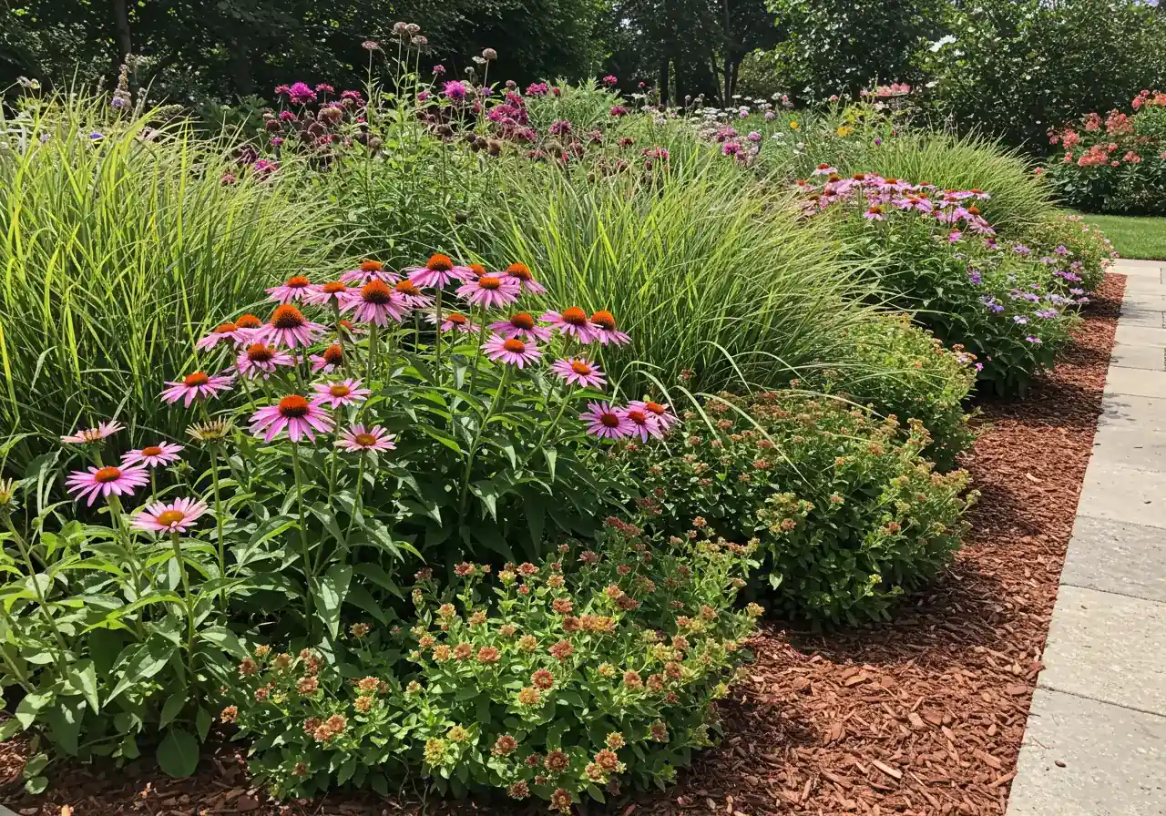 A vibrant, visually appealing photograph showcasing a selection of thriving water-wise plants suitable for Ottawa. Feature a mix of textures and colours, such as purple Coneeflowers (Echinacea), pink Sedum 'Autumn Joy', and tall Feather Reed Grass (Calamagrostis 'Karl Foerster') planted together in a sunny garden border with gravel or mulch. The plants should look healthy and robust.
