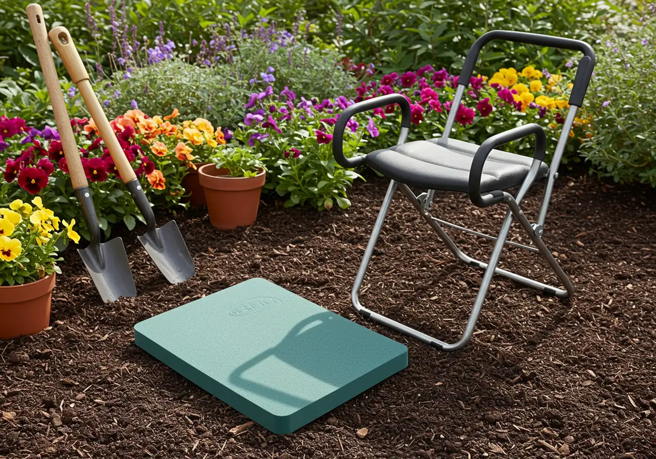 A high-quality foam garden kneeling pad and a sturdy garden kneeler seat with handles placed invitingly on rich, dark garden soil next to a row of small, newly planted flowering annuals (like petunias or marigolds). The focus is on the comfort tools.