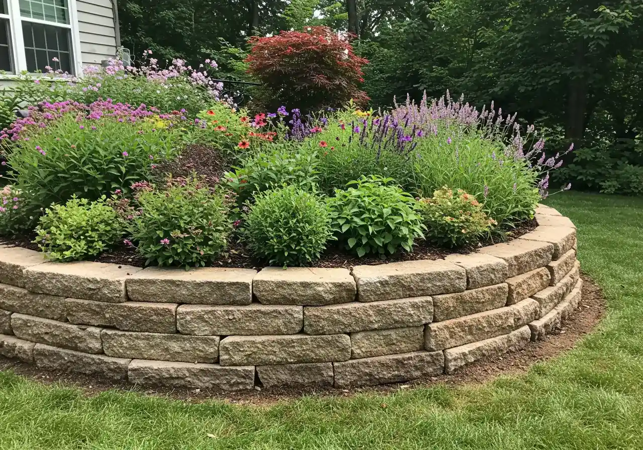 An image showcasing a well-designed garden bed specifically suited for challenging conditions. Could show hardy, thriving perennials and ornamental grasses (like Hostas, Daylilies, Rudbeckia, Feather Reed Grass) in a slightly raised bed constructed with natural stone, implying good drainage and plant selection suitable for tough climates like Ottawa's. Maybe a background suggesting distinct seasons, like late summer blooms.
