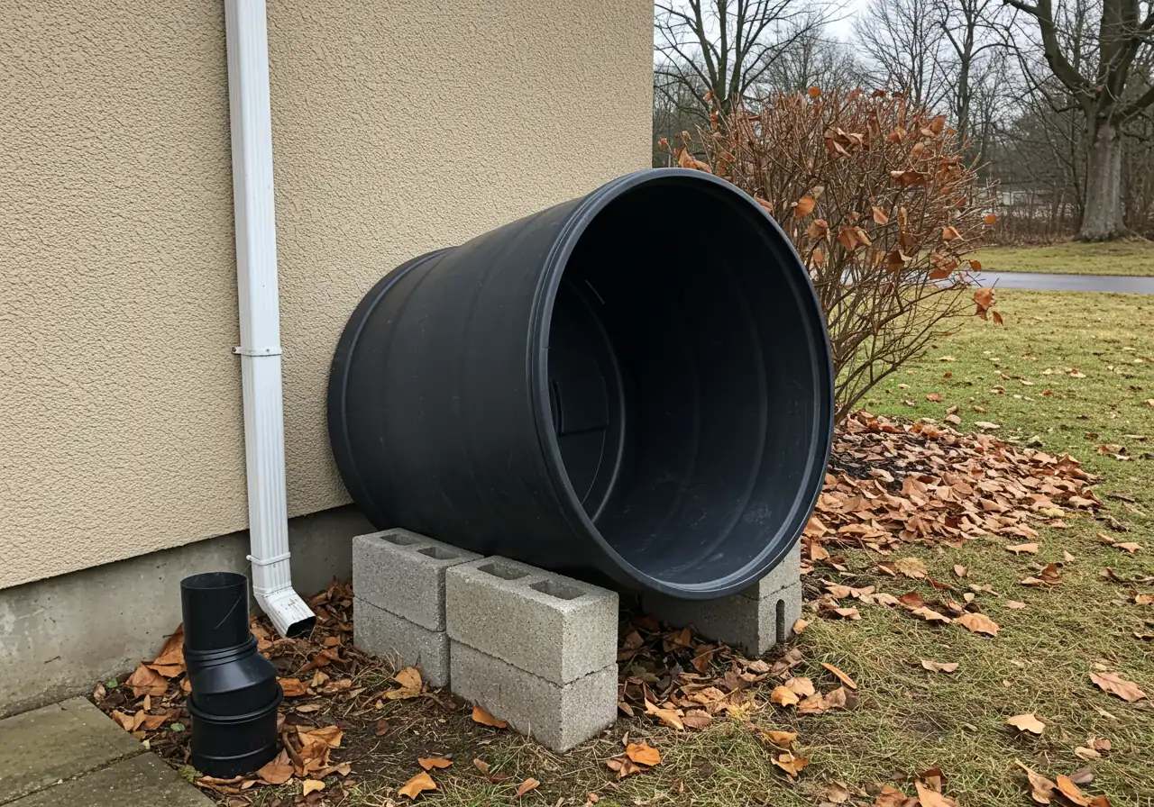 An empty, clean rain barrel shown properly winterized. It is stored upside down on its base blocks or a stand next to a house wall. The disconnected downspout is reconfigured for winter flow (no hose attached to barrel). The scene suggests late fall or early winter, perhaps with some fallen leaves or a touch of frost on the ground, but no heavy snow.