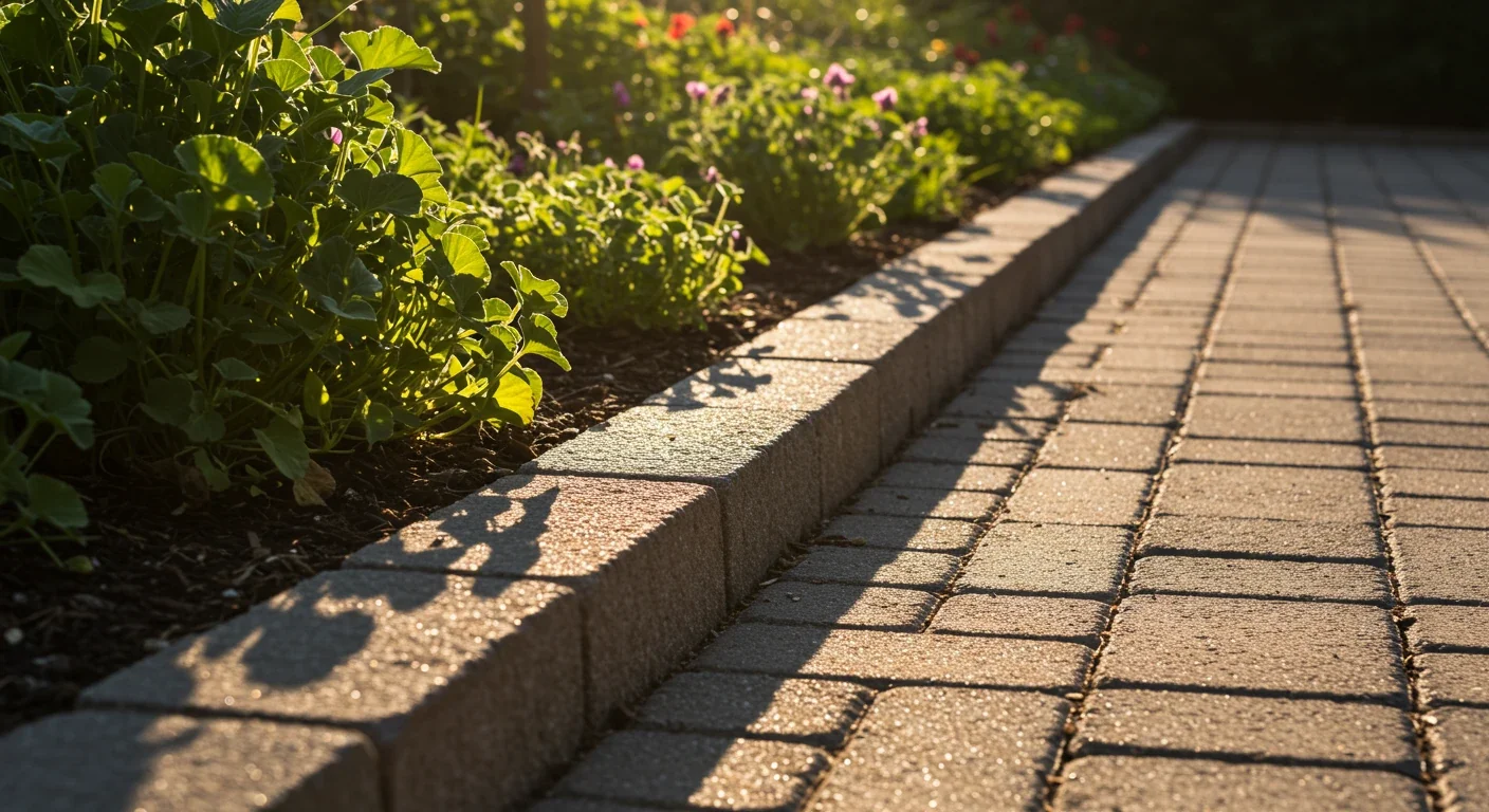 Visually represent the 'hot spot' concept. An image showing intense sunlight beating down on an interlocking stone pathway running alongside a garden bed. The plants directly adjacent to the hot path edge appear slightly stressed or smaller compared to plants further into the bed, visually illustrating the challenging microclimate created by reflected heat.