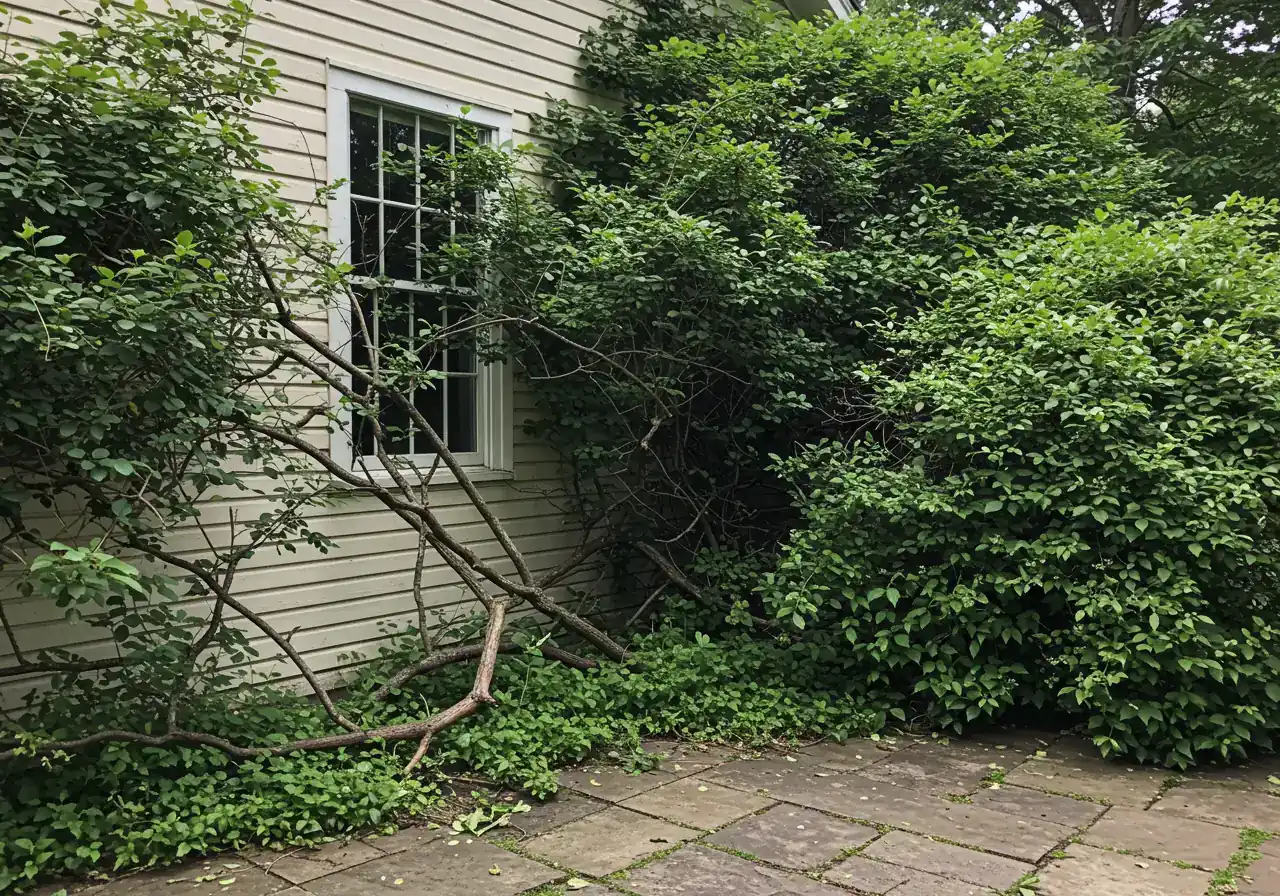 A realistic image depicting a large, unkempt deciduous shrub aggressively growing against the side of a suburban house. The shrub's dense, tangled branches are encroaching onto a stone pathway and partially obscuring a ground-floor window, visually representing the 'eye sore factor' and 'maintenance mayhem' described.