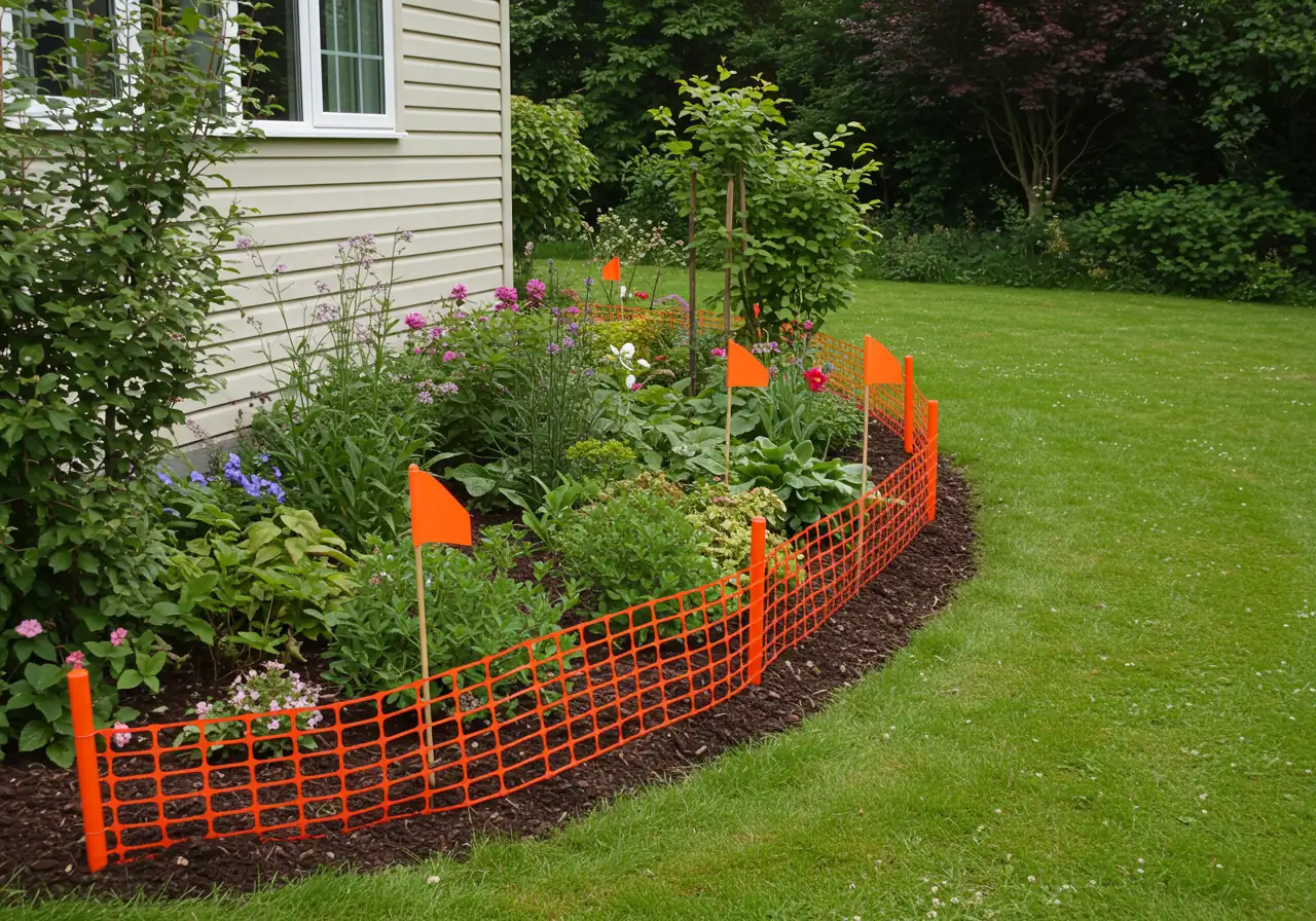 A visually clear demarcation in a garden setting. Bright orange temporary fencing stakes and flags create a visible boundary line snaking through a garden bed near the foundation of a house, clearly marking off a protected zone from an open lawn area.