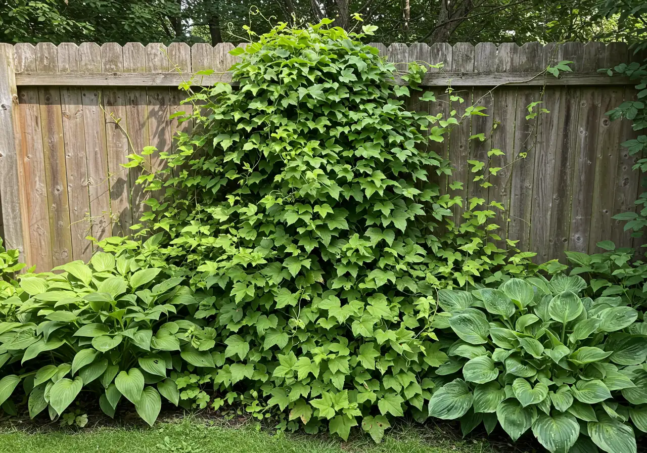 A realistic photograph illustrating the invasive impact of Dog-Strangling Vine. Show a dense tangle of DSV vines with their characteristic leaves completely covering and smothering a section of desirable garden plants, like hostas or low shrubs along a fence line, obscuring the original plants and demonstrating its aggressive, choking growth habit. Sunlight dappling through leaves.