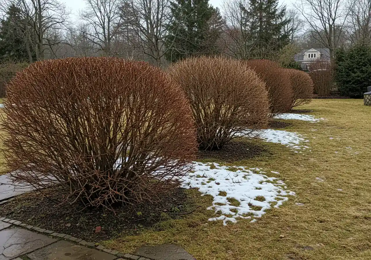 An image depicting a common landscape regret specific to the Ottawa climate, such as several wilted or dead shrubs (perhaps cedars or non-hardy plants) lining a pathway in early spring with some patchy snow melting nearby, subtly suggesting winter damage due to poor plant choice.