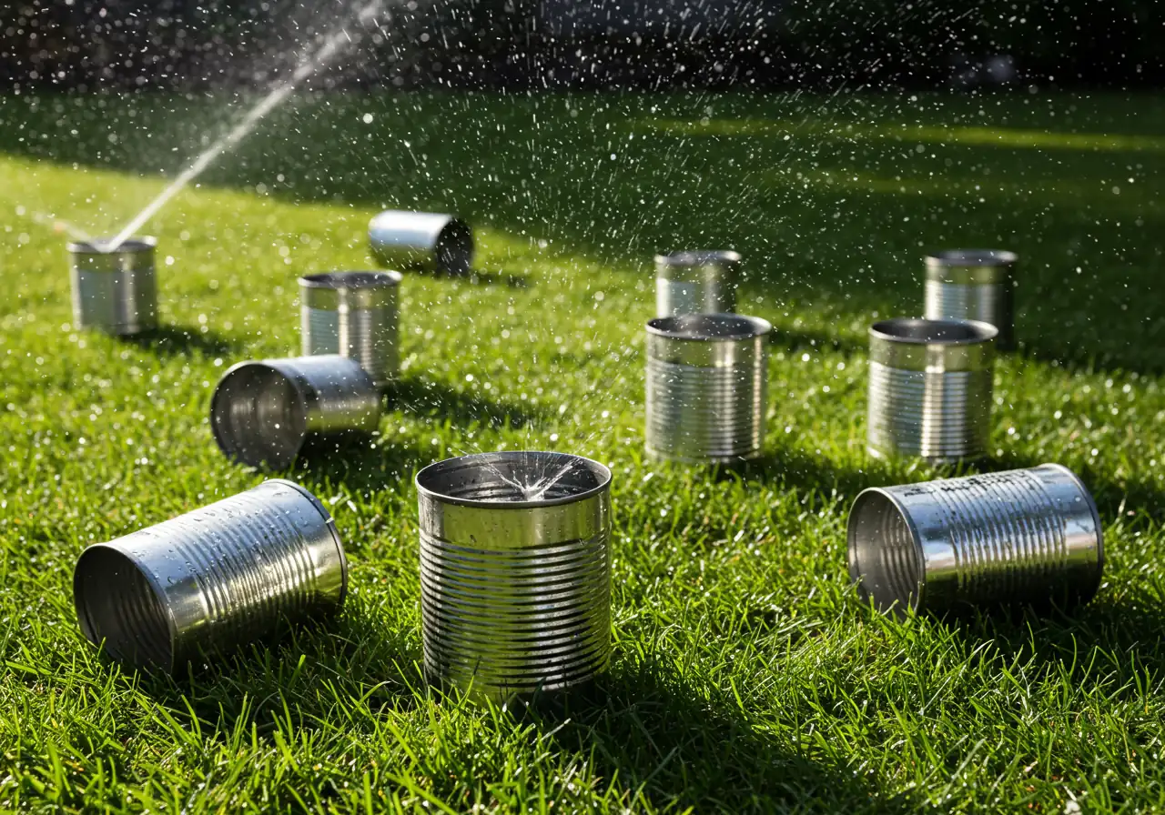 An illustrative setup of the Catch Can Test in progress on a residential lawn. Several identical, clean, empty tin cans (like tuna or cat food cans) are scattered randomly across a patch of healthy green lawn. Water droplets from an active, out-of-frame sprinkler are visible mid-air and landing on the grass and inside the cans. The focus is on the cans and the water collection process.