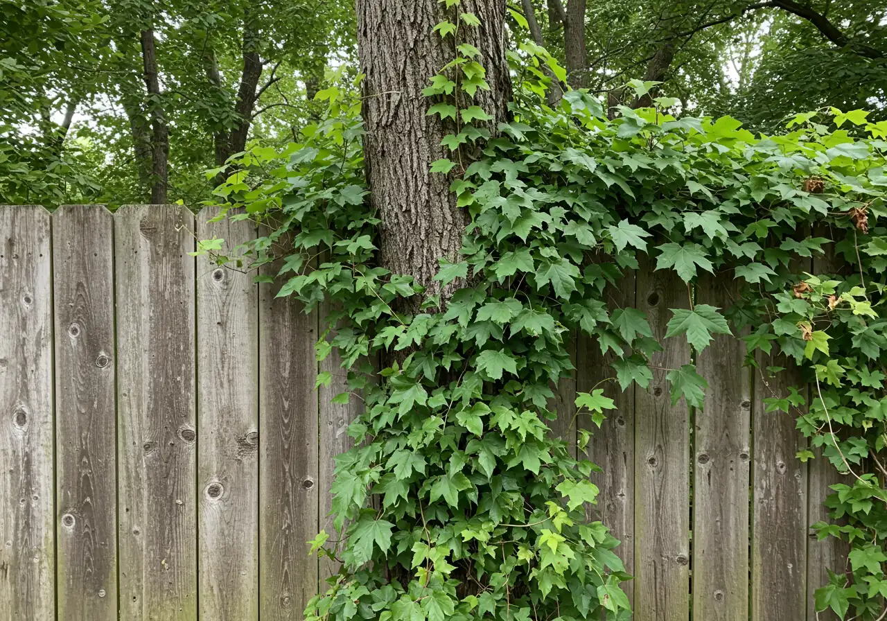 A clear photograph illustrating the damage invasive vines cause, showing thick vines constricting a medium-sized deciduous tree trunk and starting to climb onto a nearby wooden fence. The focus should be on the dense vine growth and its impact on the tree and structure, conveying a sense of being overgrown.