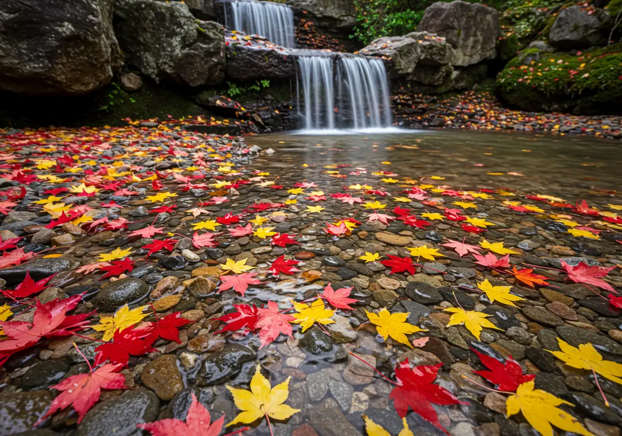 A photograph illustrating the minimal fall maintenance. Show the base of the pondless waterfall (the gravel bed where water disappears) lightly scattered with colourful fallen autumn leaves (e.g., maple leaves). This visually represents the primary fall task mentioned - leaf removal - without showing the act itself.